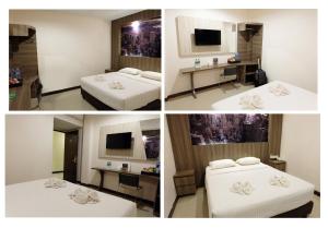 3 Bilder eines Zimmers mit 2 Betten und einem TV in der Unterkunft HOTEL MY HOME in Sintang