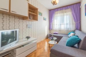 ein Wohnzimmer mit einem Sofa und einem TV in der Unterkunft Apartments Kosta - 70m from sea in Vinišće