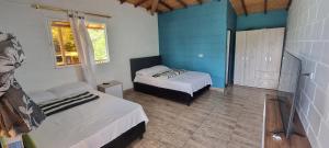 a bedroom with two beds and a blue wall at Cabaña rodeada de naturaleza in Cocorná