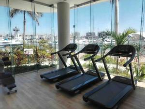 a row of treadmills in a gym with windows at Best View in Marina puerto Vallarta in Puerto Vallarta