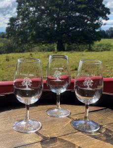 three glasses of wine sitting on a wooden table at Flame Hill Vineyard in Montville