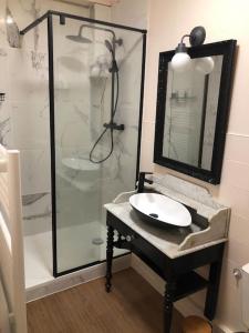 a bathroom with a sink and a glass shower at Appartement 1 chambre terrasse 200m de la plage et GR34 in Saint-Lunaire