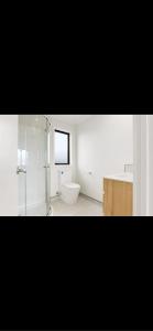 uma casa de banho com um WC e uma cabina de duche em vidro. em Hamilton New Town House em Hamilton