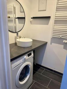 ein Badezimmer mit einer Waschmaschine und einem Waschbecken in der Unterkunft Appartement lumineux et cosy au cœur de Lille in Lille