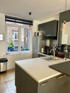 eine Küche mit einer weißen Arbeitsplatte und einem Fenster in der Unterkunft Appartement lumineux et cosy au cœur de Lille in Lille