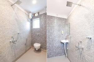 two pictures of a bathroom with a toilet and a shower at FabHotel Bypass View in Kolkata