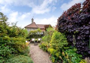 a garden with chairs and plants in front of a house at No.1 Baileygate Cottages in Castle Acre