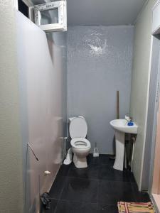 La salle de bains est pourvue de toilettes et d'un lavabo. dans l'établissement Lux Apartment Tea, à Akhaltsikhé