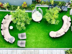 圖杜的住宿－Ahola Thoddoo, Maldives，享有花园的空中景致,花园内种有椅子和植物