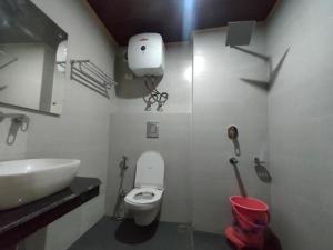 La petite salle de bains est pourvue d'un lavabo et de toilettes. dans l'établissement The Royal View Cottage, à Manali