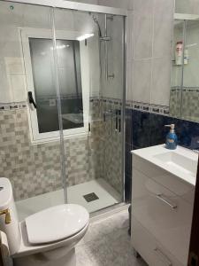 a bathroom with a shower and a toilet and a sink at Les Xanes de Candas in Gijón