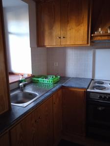 cocina con fregadero y encimera en Stone house cottage en Sígrion