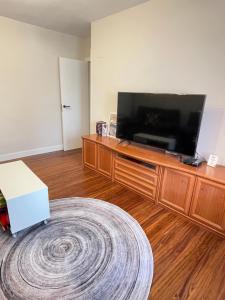sala de estar con TV de pantalla plana en un centro de entretenimiento de madera en Apartamento Ideal, en Mundaka