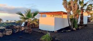 ein Haus am Strand mit Palmen in der Unterkunft Haus mit fantastischem Meerblick in Mácher