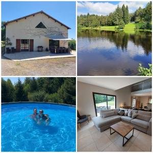 four different pictures of a house and a swimming pool at "Le petit bonheur" Gîte van 4 tot 12 personen met privé vijver van 2Ha in Maisonnais-sur-Tardoire