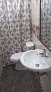 a bathroom with a sink and a toilet at Hotel Zarina in Villavicencio