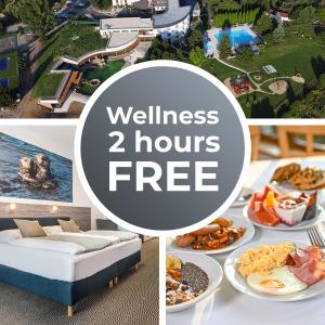 a collage of pictures with a meal and the words wellness hours free at Hotel Atlantis in Brno