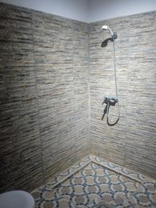 a shower in a bathroom with a stone wall at Dar Es Salam in Skoura