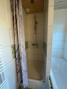 a bathroom with a bath tub and a shower at Das Ferienhaus am Feld in Gelting
