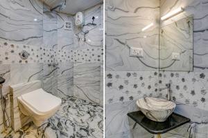 two pictures of a bathroom with a toilet and a sink at FabExpress Yatri Inn in Turambhe