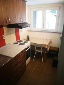 a kitchen with a stove and a table in it at Cozy apartment for short term rent. in Káty