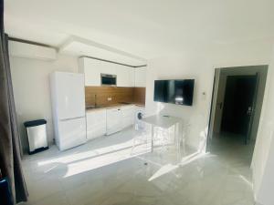 a kitchen with a white refrigerator and a table at Résidence Graziella appartement 410 in Juan-les-Pins