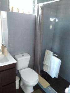a bathroom with a white toilet and a shower at Privacidade na sua estadia no Centro do Montijo. in Montijo