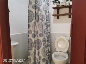 a bathroom with a toilet and a shower curtain at 1BR or 2BR Staycation in Quezon City 5 in Manila
