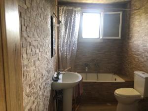 a bathroom with a sink and a toilet and a tub at Beautiful Farm House in Filiatra