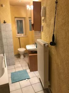 a bathroom with a sink and a toilet and a mirror at Pension Deinhardt in Hirschaid