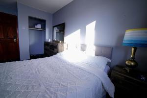 1 dormitorio con cama blanca y pared azul en Quiet And Comfortable Deluxe en Anchorage