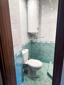 a bathroom with a white toilet and green tile at 2BD App in Bojurland FREE Pool SPA Parking and Skishuttle in Bansko +17 photos