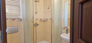 a bathroom with a shower with a toilet and a sink at Róża Wiatrów Władysławowo in Władysławowo