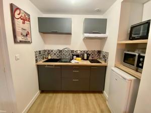 eine kleine Küche mit Spüle und Mikrowelle in der Unterkunft Le Clain de Vivonne, cosy appartement plein centre in Vivonne + 16 Fotos