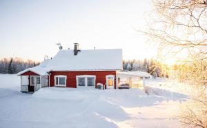 een klein rood huis met sneeuw op het dak bij Hommala in Raiskio