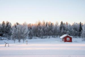 une grange rouge dans un champ enneigé avec des arbres dans l'établissement Hommala, à Raiskio