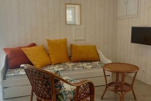 ein Wohnzimmer mit einem Sofa mit gelben Kissen und einem Tisch in der Unterkunft Une pause Champêtre : gîte avec terrasse in Saint-Cierge-sous-le-Cheylard