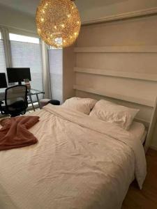 Un pat sau paturi într-o cameră la Moselblick Penthouse mit Terrasse
