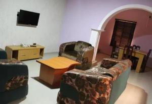 a living room with couches and a flat screen tv at Ayoluyem Aparthotel and Suites in Ogbodo