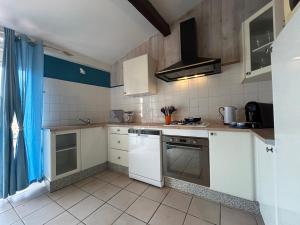 a kitchen with white appliances and blue walls at LA BERGERIE DOUCEUR AUBORD in Aubord