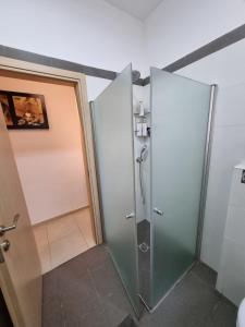 a shower with a glass door in a bathroom at Cute Studio near Yad Vashem FREE street parking in Jerusalem