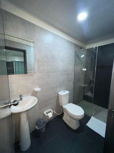 Hotel Olam Confort في فيلافيسينسيو: حمام مع مرحاض ومغسلة ودش