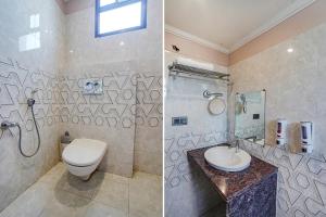 two pictures of a bathroom with a toilet and a sink at FabHotel Prime Stay inn I in Varanasi