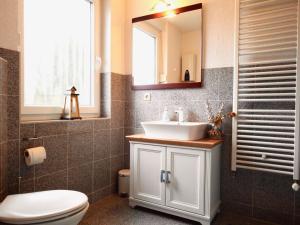 Pruchten的住宿－Ferienhaus Ostsee - a70522，一间带水槽、卫生间和镜子的浴室