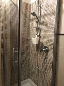 La salle de bains est pourvue d'une douche et d'une porte en verre. dans l'établissement Bondion Apartment, à Sandrà