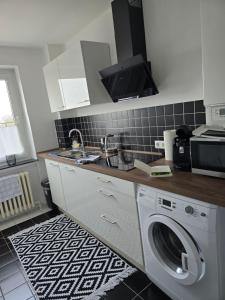 a kitchen with a washing machine and a sink at HP Apartment 3-Zi-Whg - 69qm, 6 Pers, Balkon, Wifi, Küche, Bad in Hannover