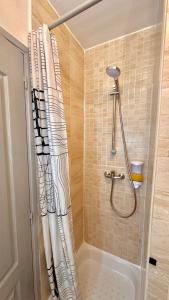 eine Dusche mit Duschvorhang im Bad in der Unterkunft Monroe's studio at the heart of Cannes and beaches in Cannes