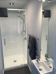 uma casa de banho com um chuveiro e um lavatório. em Punawai Homestay em Taupo