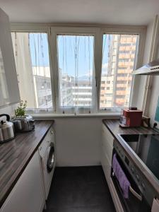 een keuken met 2 ramen, een wastafel en een fornuis bij 2 bedroom Apartment at Bahnhofcity in Feldkirch