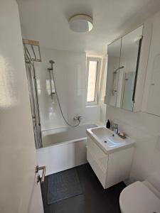een witte badkamer met een wastafel en een douche bij 2 bedroom Apartment at Bahnhofcity in Feldkirch